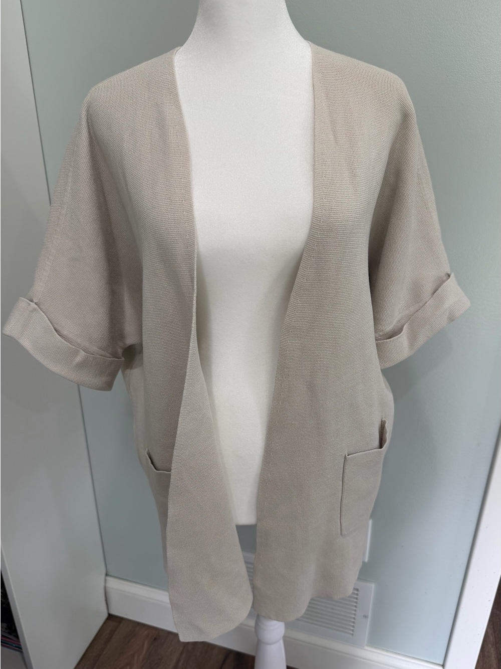 Eileen Fisher Bone Silk Cotton Interlock Elbow Short Sleeve Cardigan Petite LG